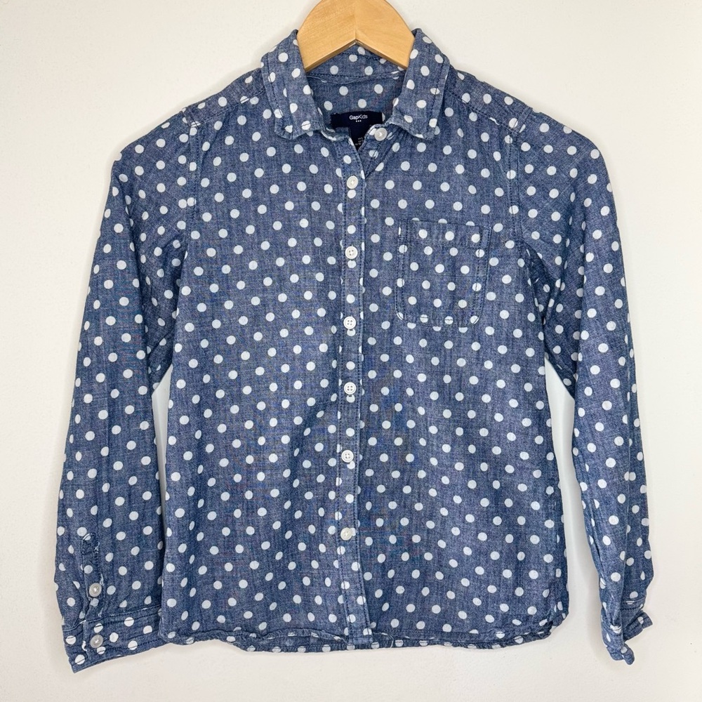 GAP Kids Polka Dot Chambray Cotton Button Up Shirt Girls Large 10 11 Preppy EUC